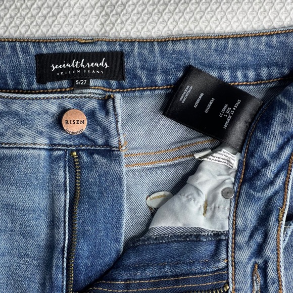 Socialthreads x Risen Jeans Women's 5/27 Blue Distressed Cropped Wide Leg Jeans - Picture 3 of 8